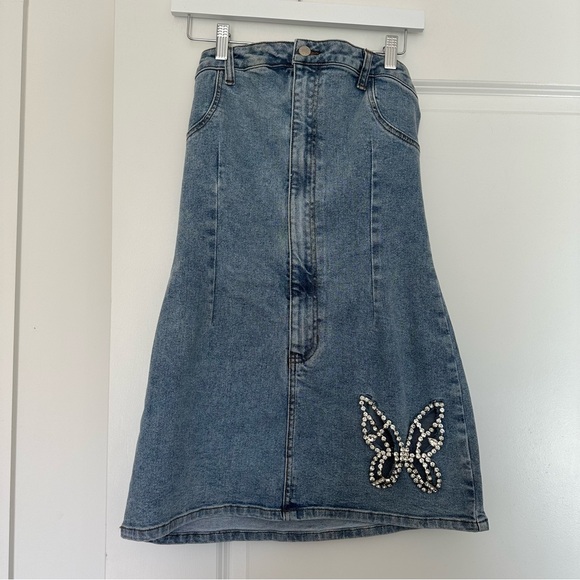 Akira (L) Butterfly Kiss Embellished Denim Mini Tube Dress- Rhinestone Butterfly - Picture 4 of 10